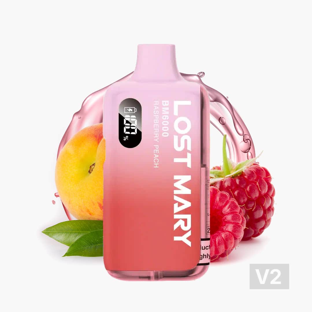 Lost Mary BM6000 Raspberry Peach Vape in Rosa-Pink mit Pfirsich und Himbeeren, 20 mg Nikotin, V2-Label