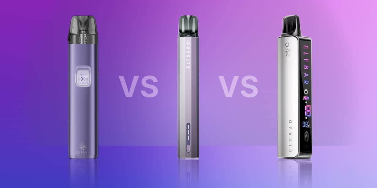 Vergleichsbild von drei ELFBAR Vape Geräten in Lila/Silber mit „VS“ Schriftzug, 20 mg Nikotin