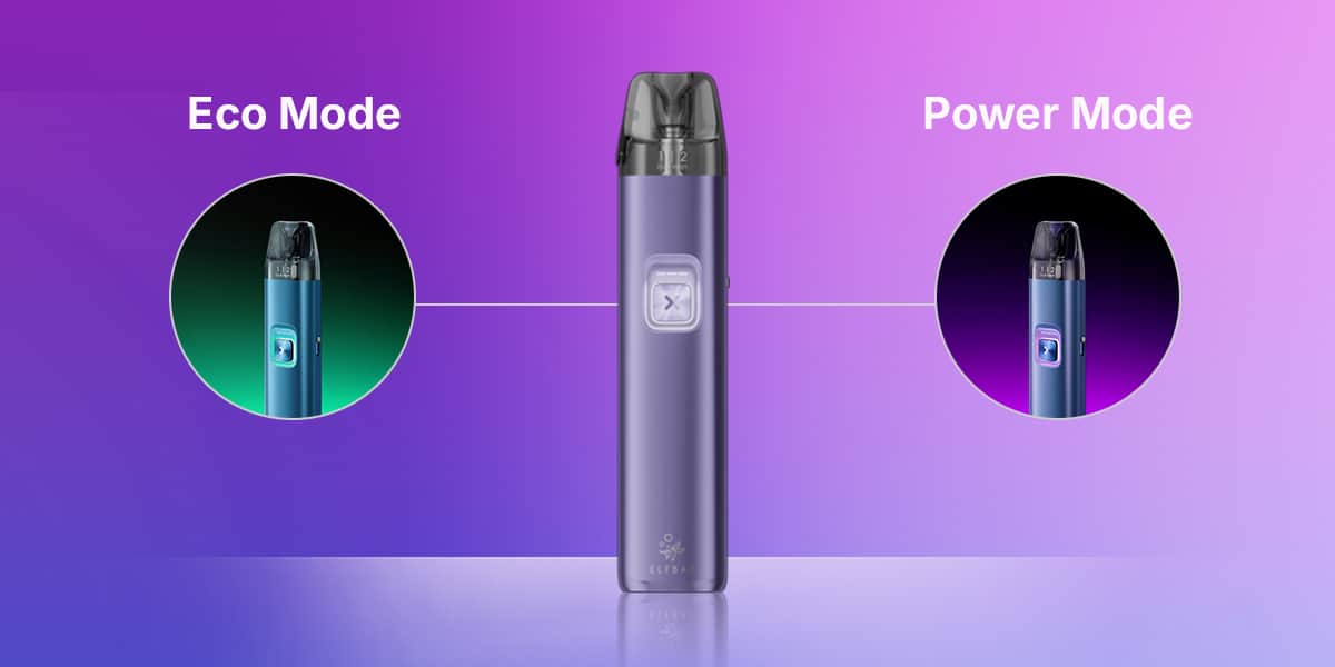 ELFBAR ELFA Pod-System in Lila mit Tastenfeld, dargestellt mit Eco Mode und Power Mode Anzeige, 20 mg