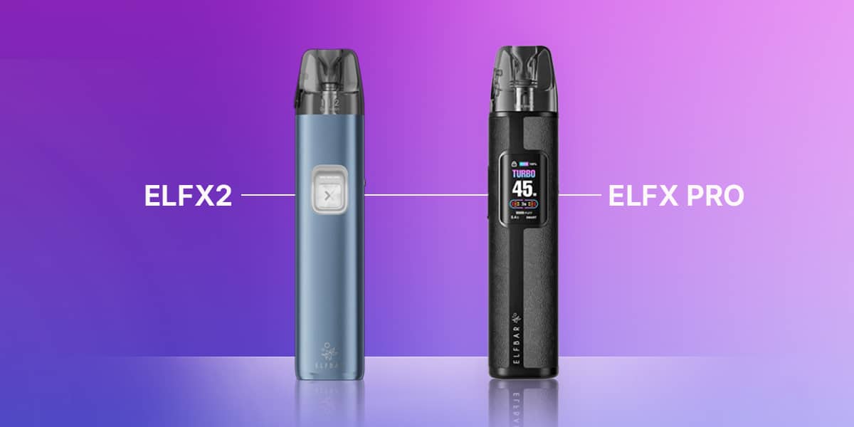 Elfbar ELFX2 (blau) und ELFX Pro (schwarz) Pod-Systeme 20 mg auf lila Hintergrund mit Modellbeschriftung