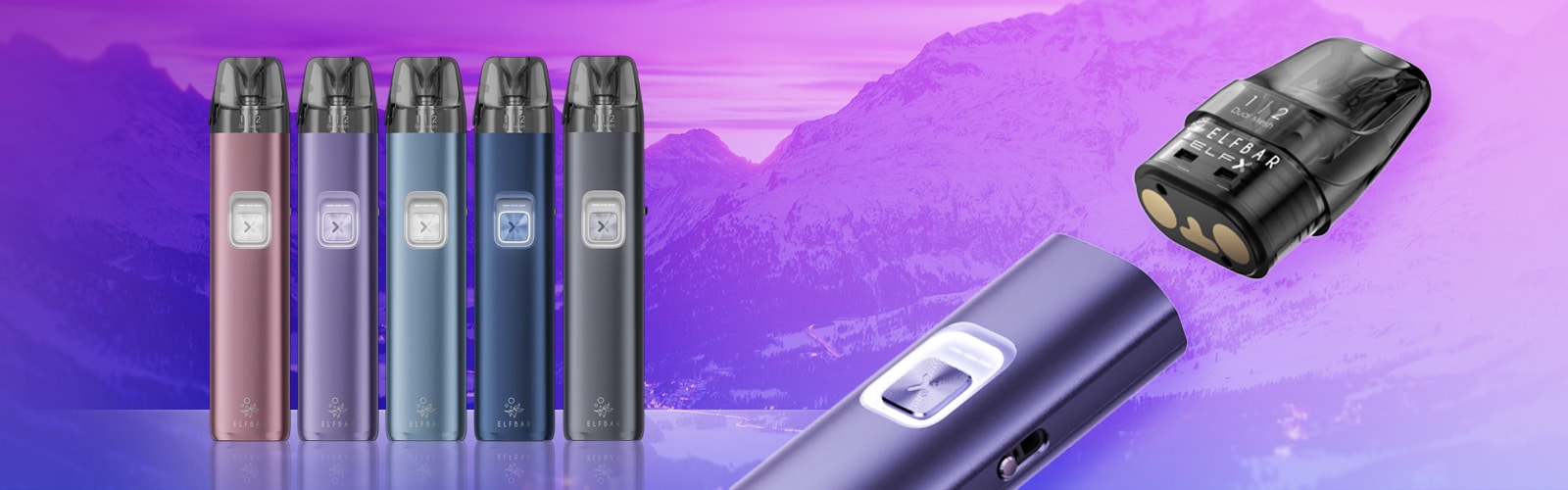 ELFBAR ELFA Pod-System E-Zigarette in mehreren Farben mit Pod-Aufsatz, Produktansicht vor violettem Berg-Hintergrund