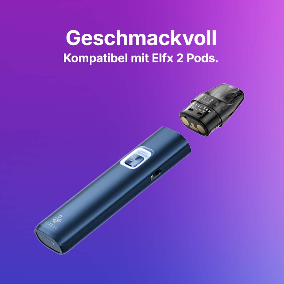 ELFBAR Elfx 2 Pod-System in Blau mit schwarzem Pod, kompatibel mit Elfx 2 Pods, 20 mg, auf violettem Hintergrund