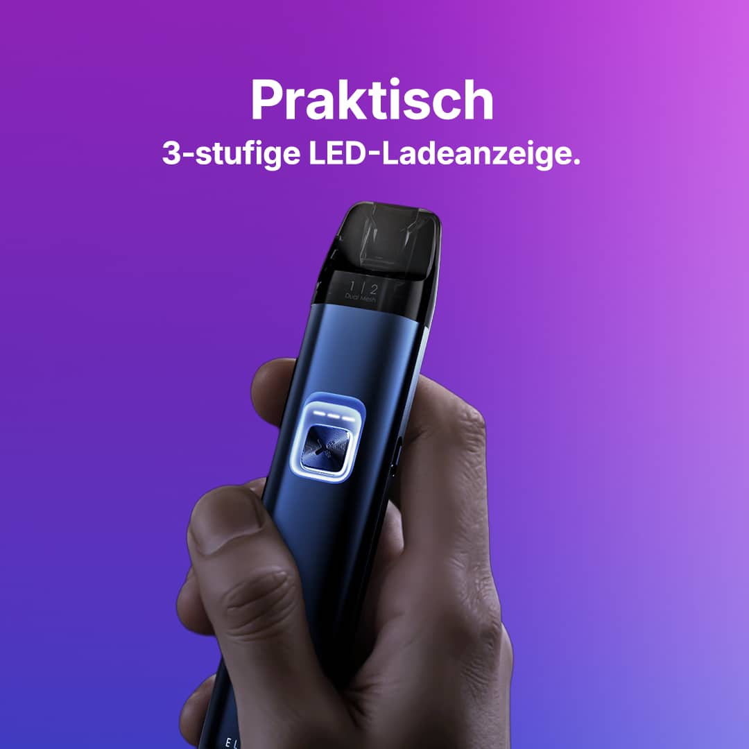 Schwarze Vape in der Hand mit leuchtender 3-stufiger LED-Ladeanzeige, 20 mg, lila Hintergrund