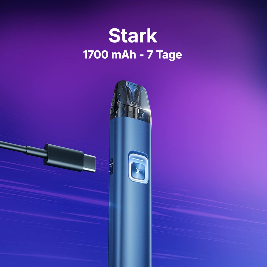 Blaues OXVA XLIM Pro Pod-System mit Display und USB-C-Kabel vor violettem Hintergrund, 20 mg Nikotin