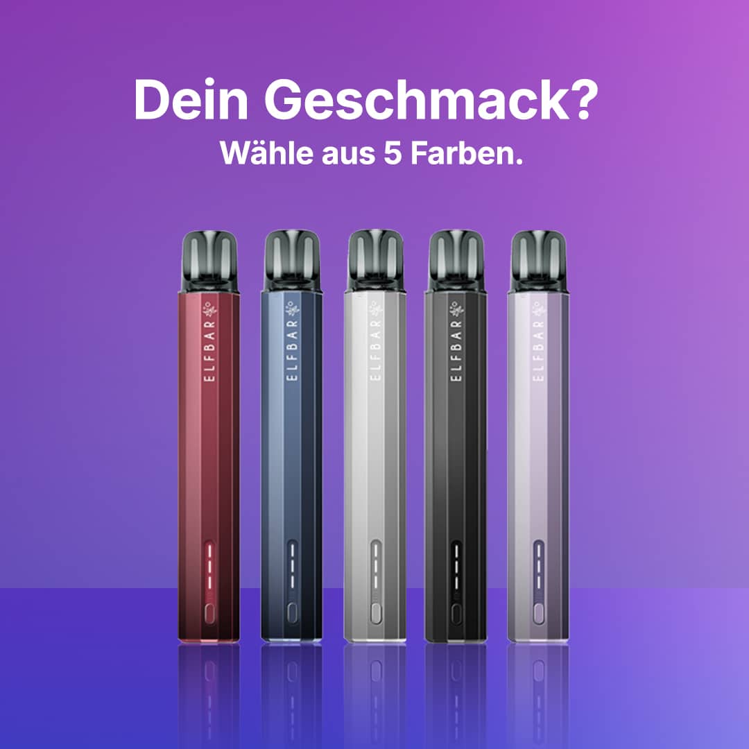 ELFBAR Pod Vape 20 mg in 5 Farben auf lila Hintergrund mit Text „Dein Geschmack? Wähle aus 5 Farben.“