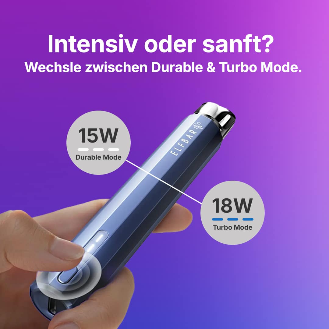 Blauer ELFBAR ELFA Pro Akku 20 mg in der Hand, Hinweis auf Durable Mode 15W und Turbo Mode 18W vor lila Hintergrund.