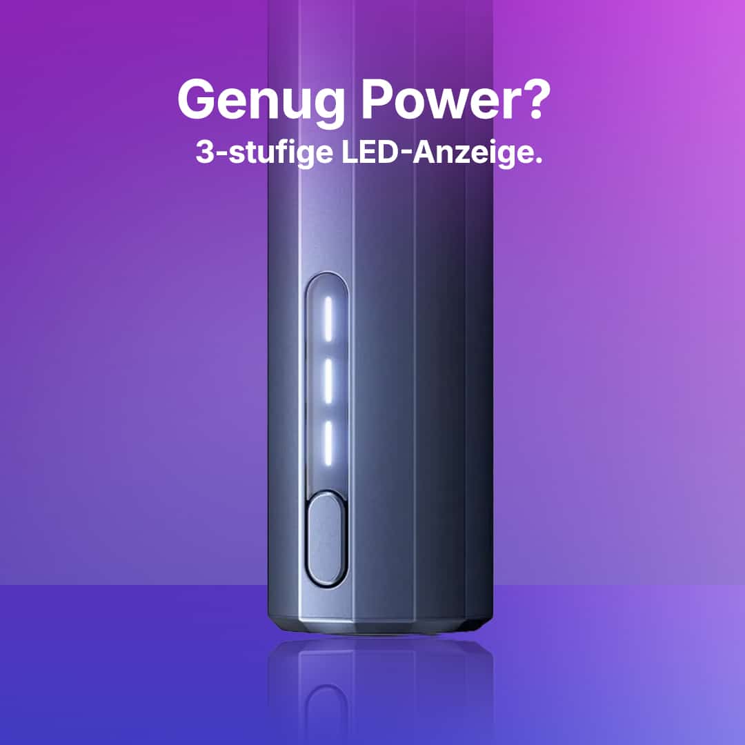Graues Vape-Gerät mit 3-stufiger LED-Anzeige und Power-Button vor violettem Hintergrund, 20 mg