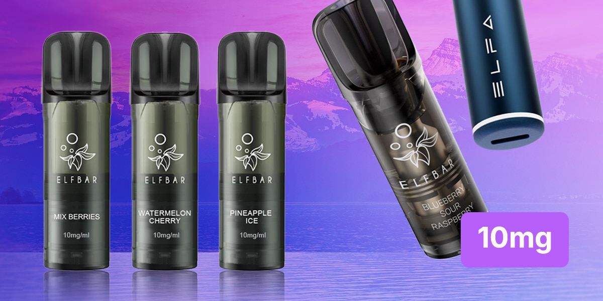ELFBAR Pod-Set 10 mg/ml mit Mix Berries, Watermelon Cherry und Pineapple Ice vor violettem Bergsee-Hintergrund