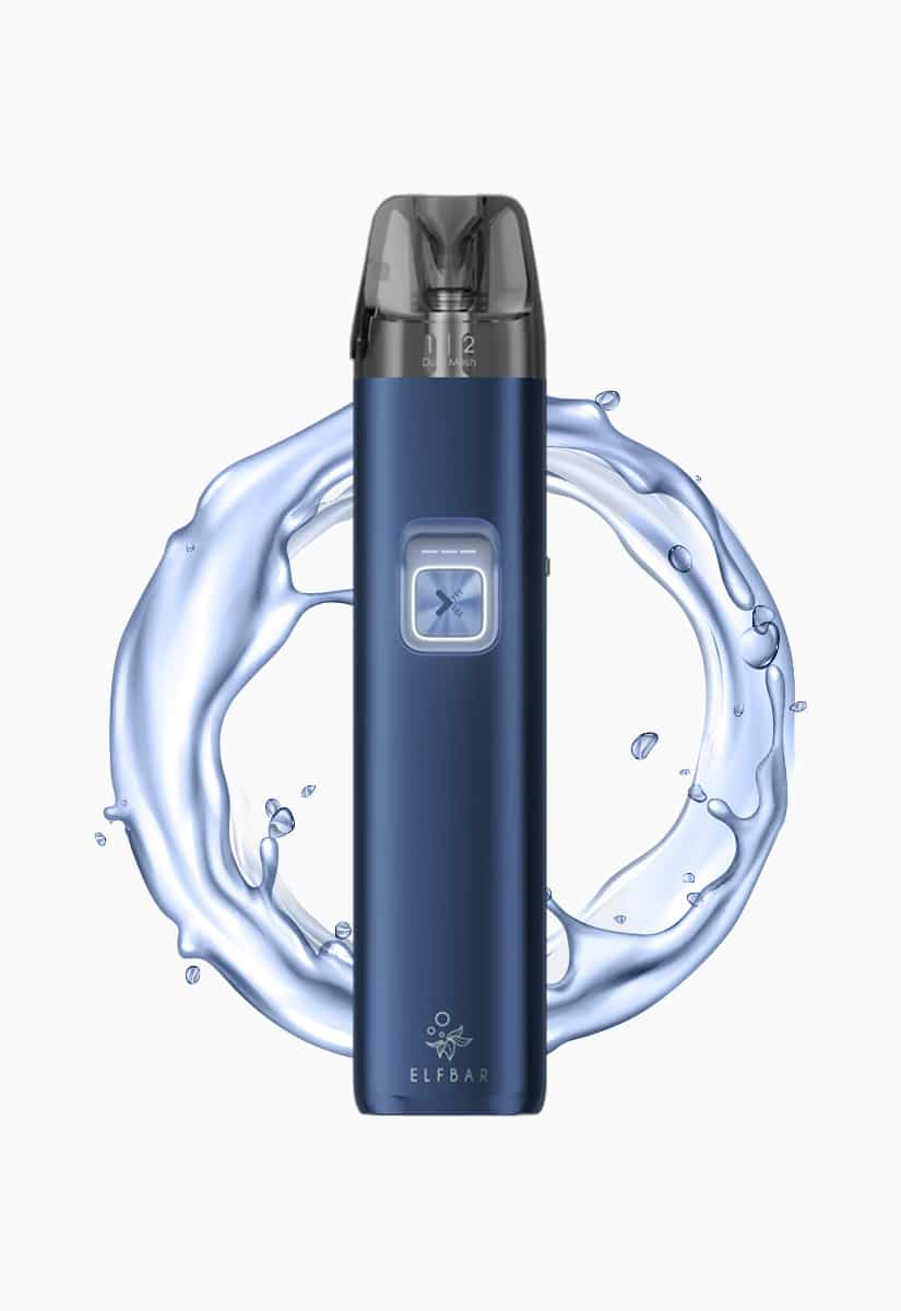Cigarette électronique ELFBAR ELFX Pod bleue avec fond d'éclaboussures d'eau, 20 mg de nicotine, vue de face