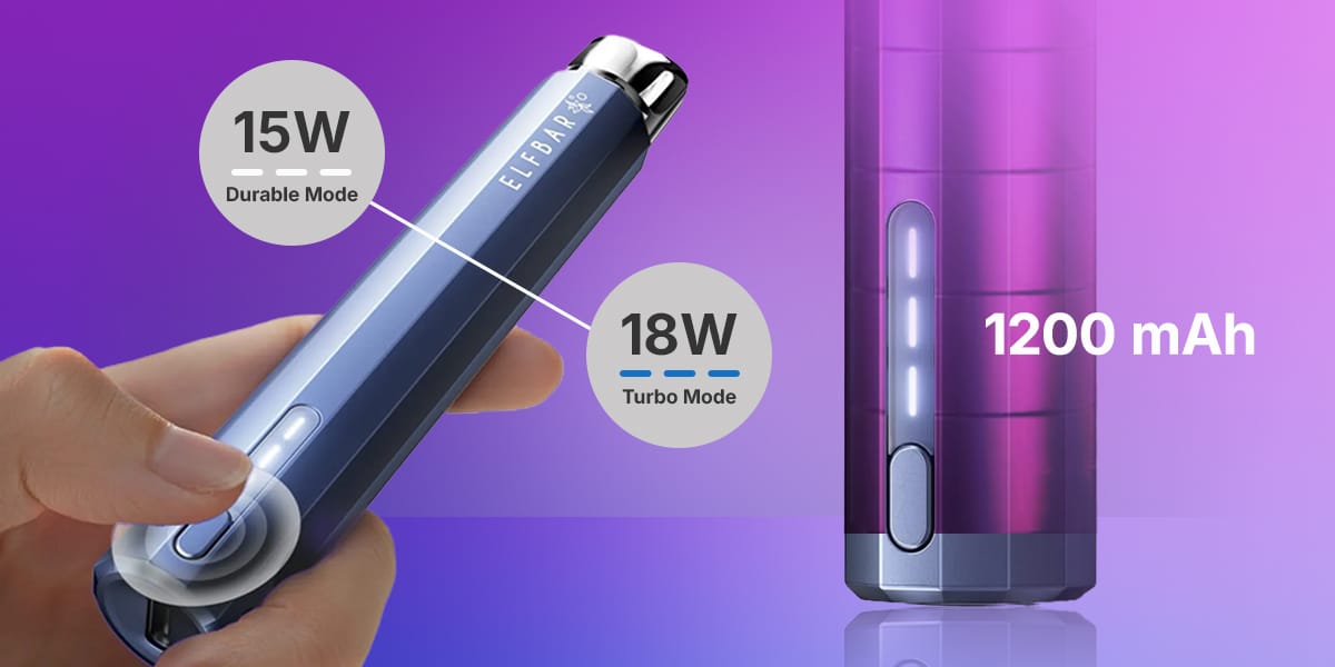 ELFBAR Pod-System Akku in Blau/Violett mit 1200 mAh, 15W Durable Mode und 18W Turbo Mode, Hand hält Gerät