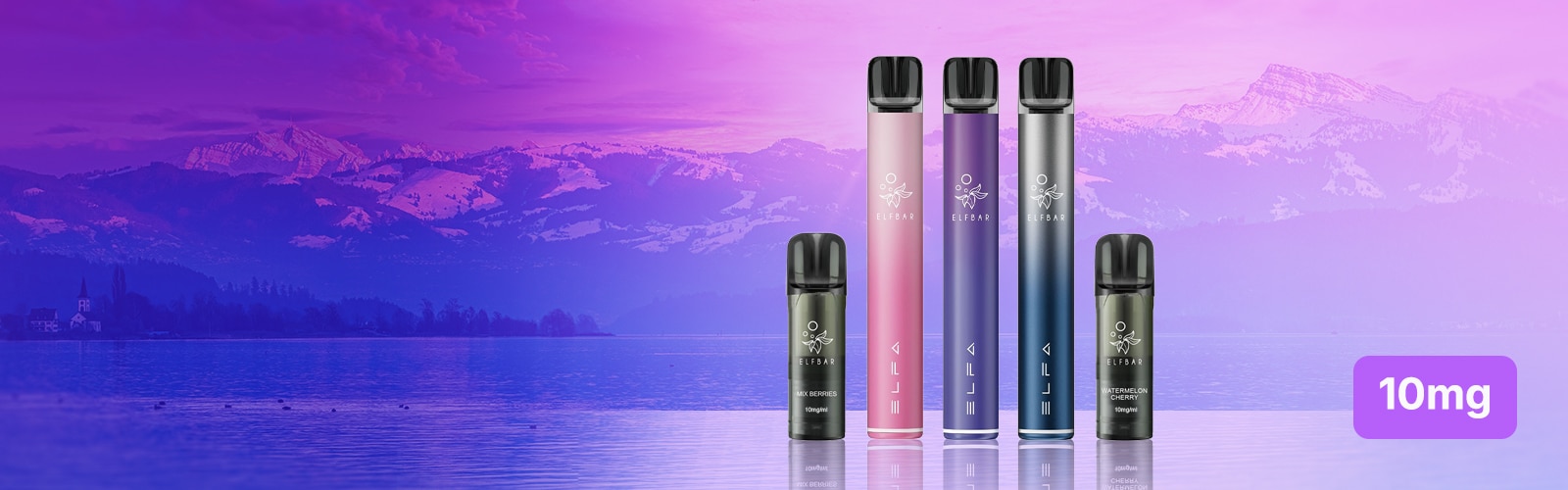 ELFBAR ELFA Vapes with Pods, 10 mg, in several colors with a lake and mountain backdrop, including Mix Berries and Watermelon Cherry