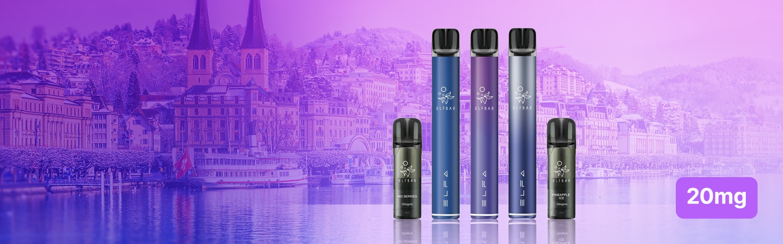 Ensemble de vapotage ELFBAR ELFA avec batterie et capsules, 20 mg, saveurs Baies et Ananas Glacé, sur fond de lac urbain.