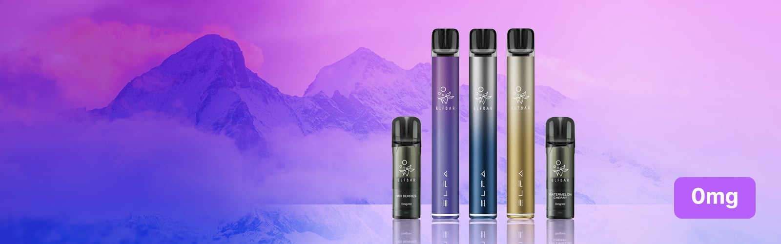 ELFBAR ELFA E-Zigaretten Set mit mehreren Geräten und Pods, 0 mg, auf violettem Hintergrund mit 0mg Hinweis
