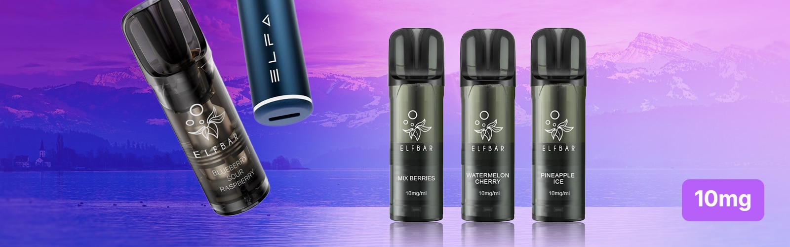 ELFBAR ELFA Pods 10 mg mit Mix Berries, Watermelon Cherry und Pineapple Ice vor lila Bergsee-Hintergrund