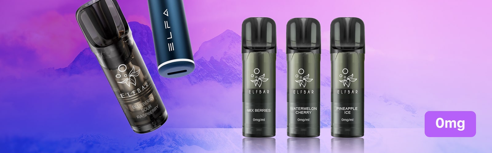 Sistema ELFBAR ELFA Pod e Pod da 0 mg: Mirtillo e Lampone Aspro, Frutti di Bosco Misti, Anguria e Ciliegia e Ghiaccio all'Ananas su sfondo viola