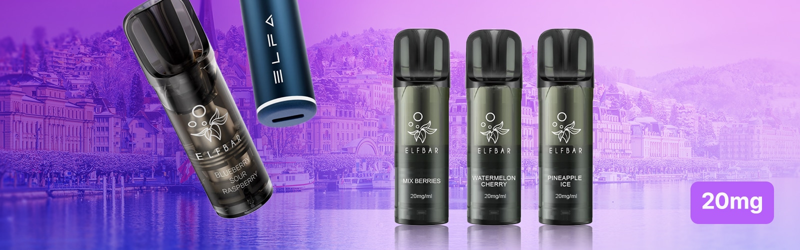 ELFBAR ELFA Vape Pods 20 mg in Schwarz: Mix Berries, Watermelon Cherry und Pineapple Ice vor violettem Stadt-Hintergrund