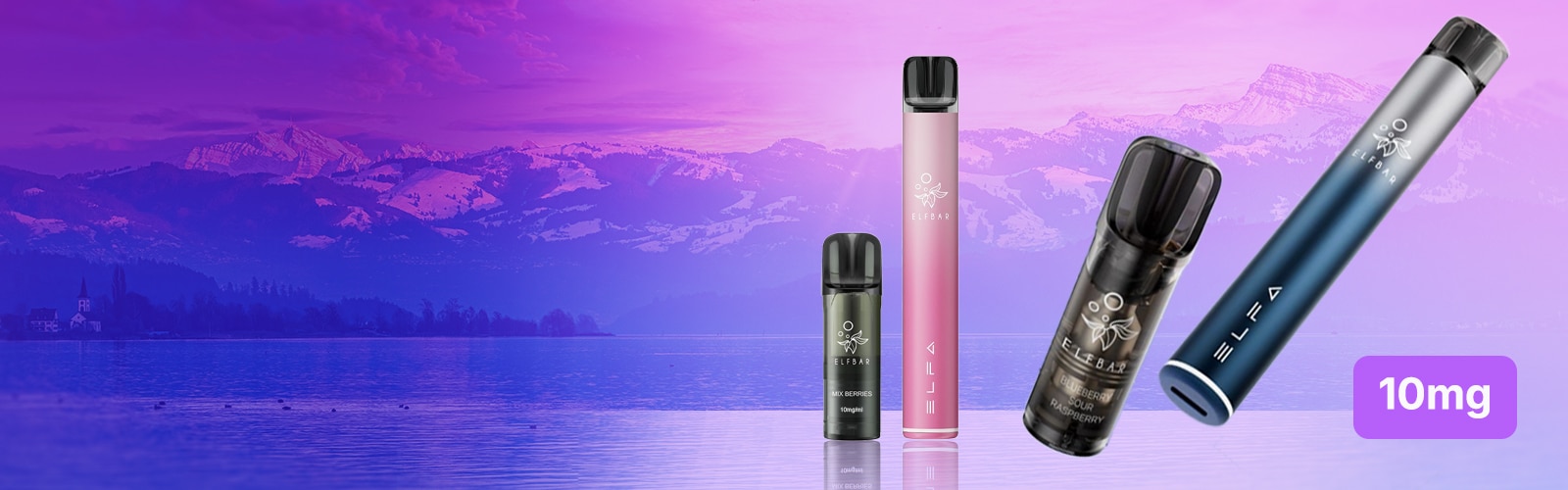ELFA Vape Set mit Akku und Pods: Mix Berries 10 mg, mehrere ELFA Geräte und Pods vor Bergsee-Hintergrund