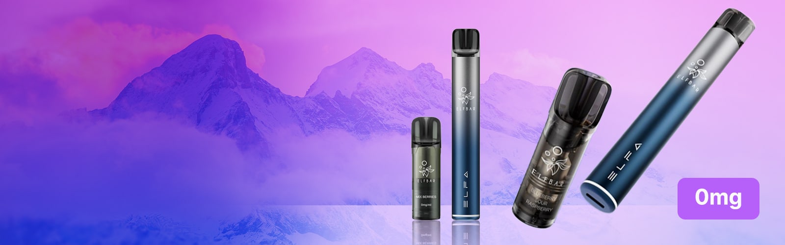 ELFBAR ELFA Pod Kit and Pods 0 mg in blue, including Blueberry Pod, against a purple mountain background