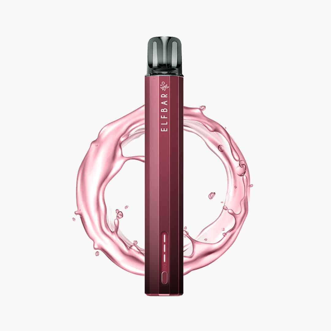 Pinkes ELFBAR Vape-Gerät in Stabform mit schwarzem Mundstück und pinkem Splash-Hintergrund, 20 mg Nikotin