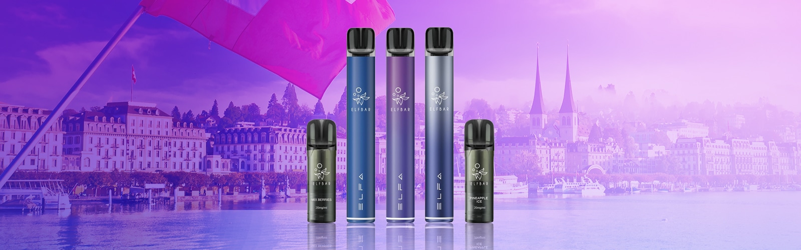 ELFBAR ELFA Pods Mix Berries und Pineapple Ice mit 20 mg vor violettem Stadt- und Seehintergrund, mehrere ELFA Sticks