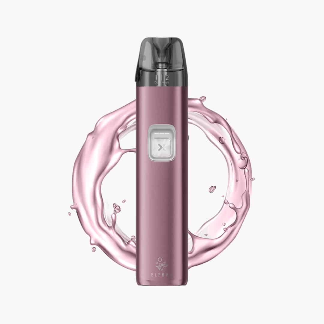 ELFBAR ELFA Turbo Pod-System in Pink mit Display-Taste, 20 mg, freigestellt mit pinkem Splash-Hintergrund
