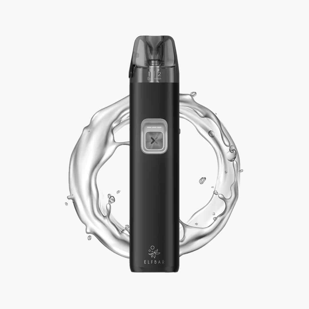 ELFBAR ELFA Pod Kit in Schwarz mit transparentem Pod und Wasser-Splash im Hintergrund, 20 mg Nikotin
