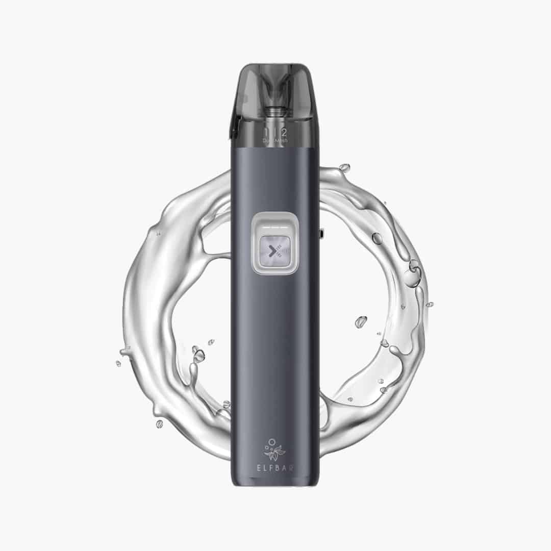 ELFBAR ELFA Pod-System in Grau mit transparentem Pod und Wasser-Splash-Hintergrund, 20 mg