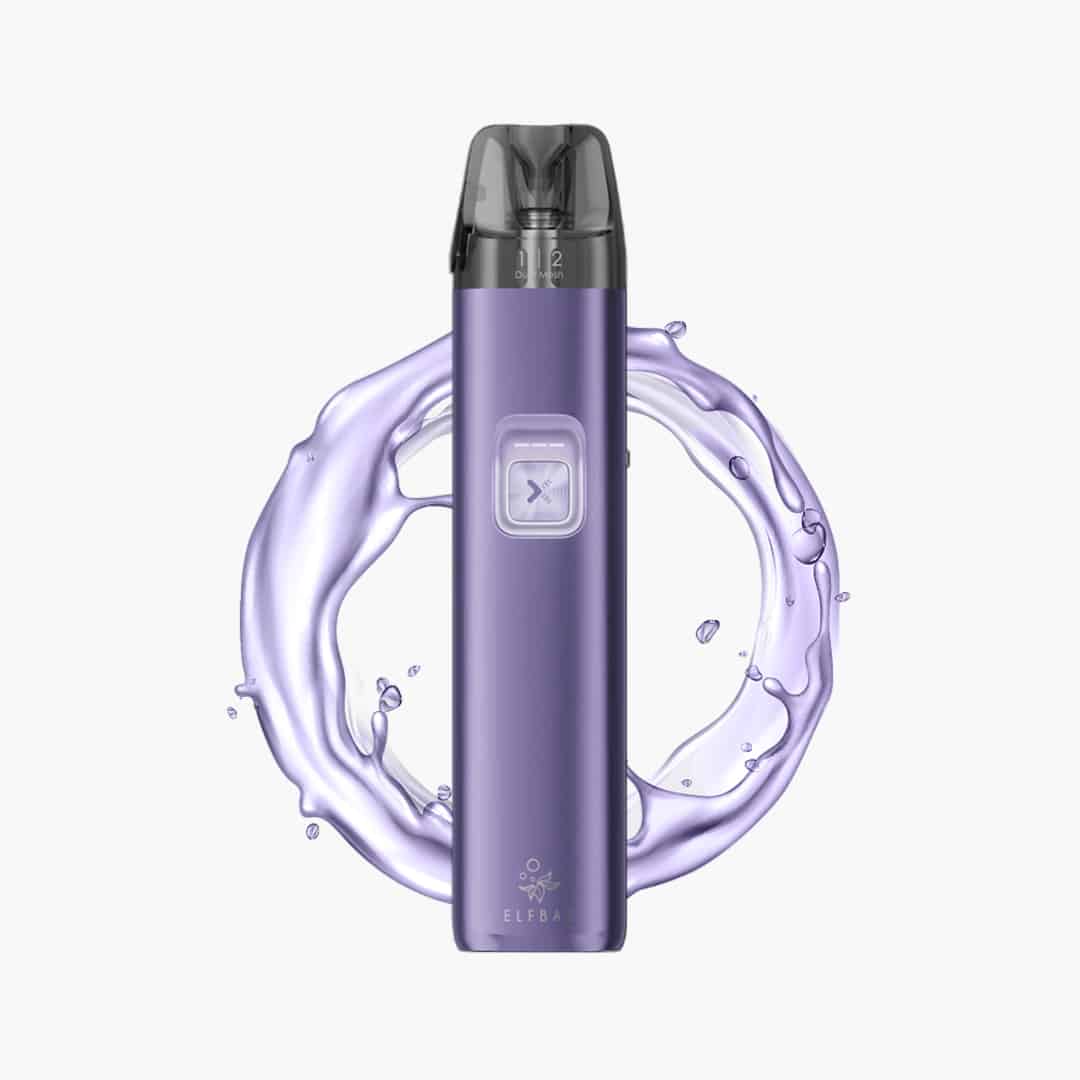 ELFBAR ELFA Turbo Pod-System in Lila mit schwarzem Mundstück, 20 mg, freigestellt mit lila Splash-Hintergrund