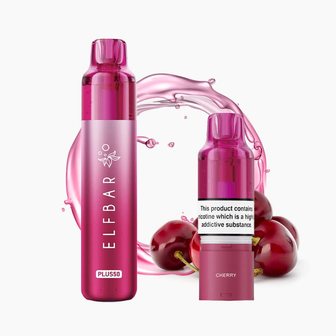 Elf Bar Plus50 Cherry Vape 20 mg in Pink mit Kirschen und pinkem Liquid-Splash auf weißem Hintergrund
