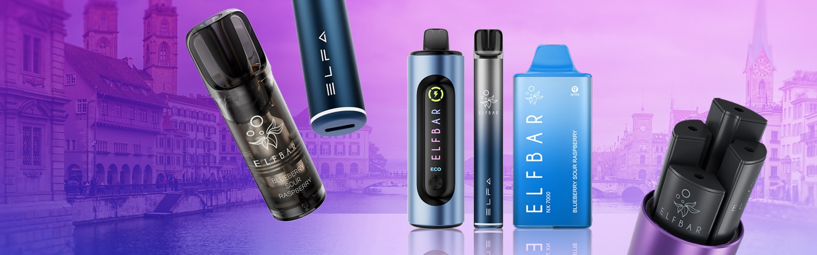 ELFBAR Vape Blueberry Sour Raspberry 20 mg, diversi dispositivi e pod in nero e blu su uno sfondo viola di città