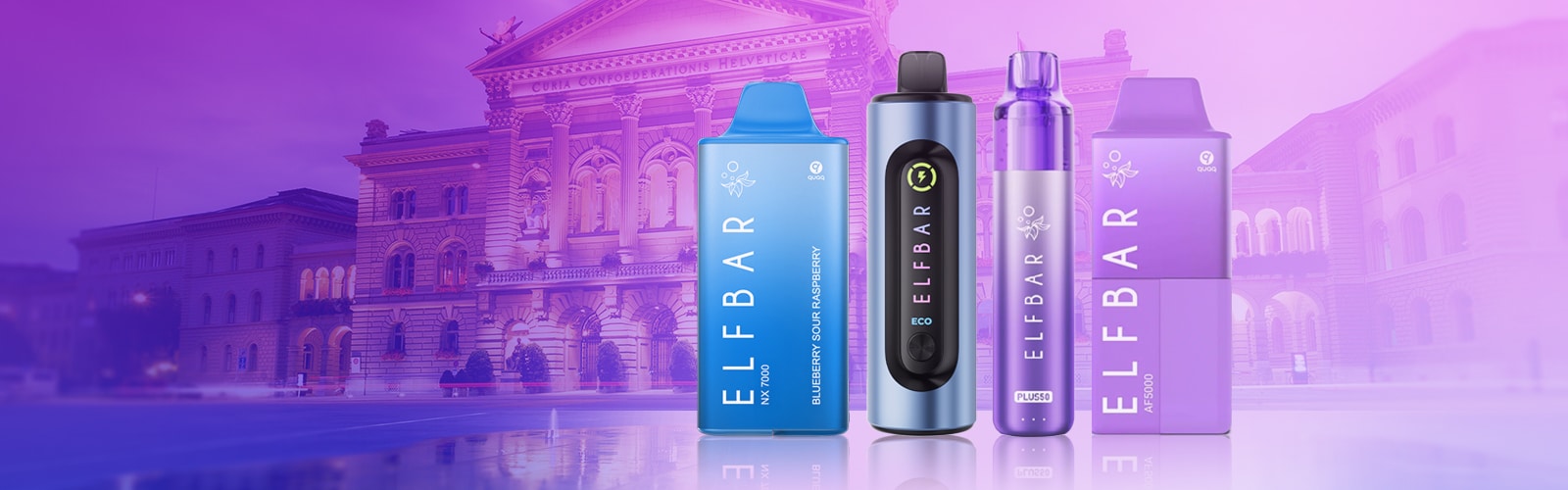 Vapes ELFBAR bleues et violettes sur fond violet, différents modèles/pods, 20 mg de nicotine