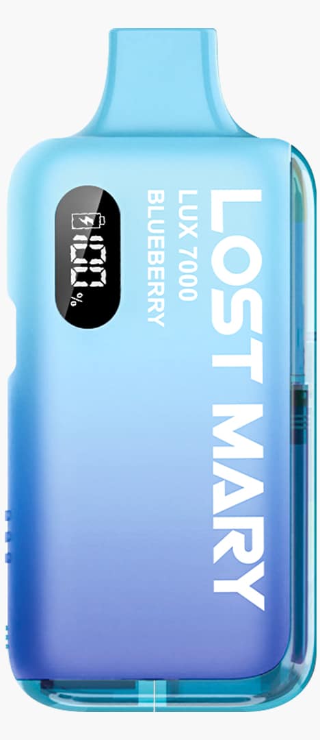Lost Mary Lux 7000 Blueberry Vape in Hellblau, 20 mg Nikotin, mit Akkuanzeige im Close-up