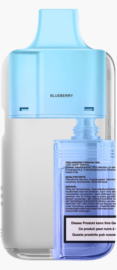 Lost Mary BM6000 Vape Blueberry 20 mg in Hellblau, Nahaufnahme des Geräts mit transparentem Tank und Warnhinweis