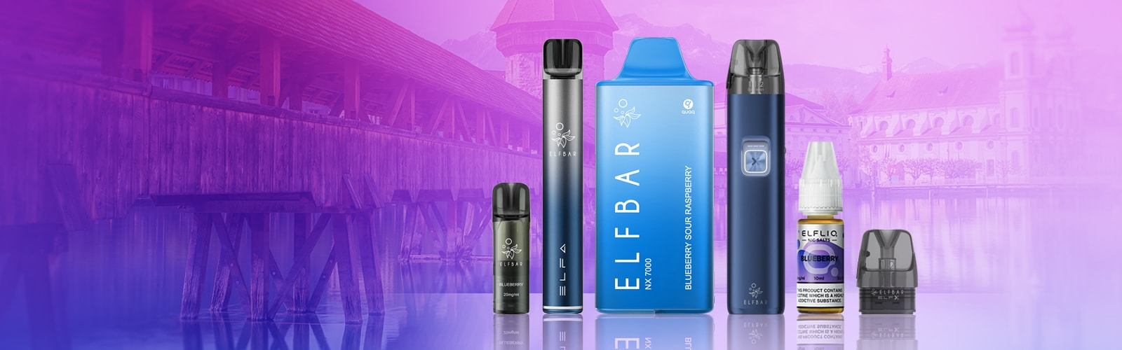 Kit de vapotage ELFBAR Pod bleu, saveur Myrtille Framboise Acidulée, 20 mg de nicotine, avec pod et flacon d'e-liquide sur fond violet.