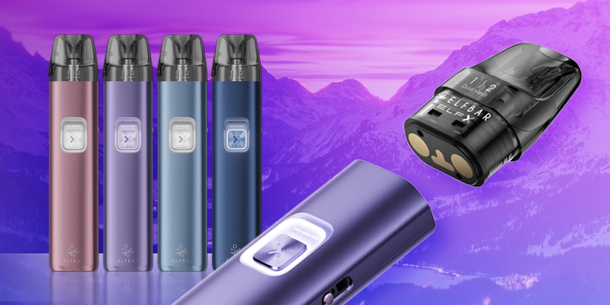 ELFBAR ELFA Pod System E-Zigarette mit Pod, 20 mg, in vier Farben vor lila Berglandschaft-Hintergrund