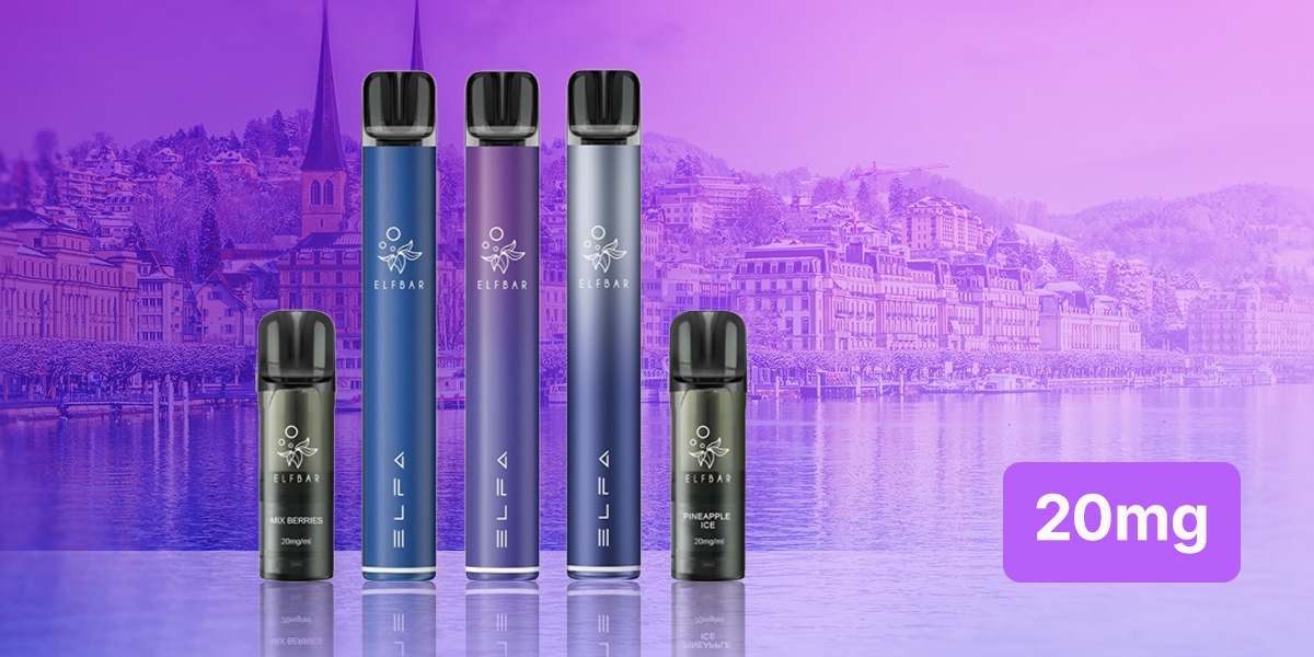 Elf Bar Coffret de vapotage ELFA avec deux capsules ELFA 20 mg : saveurs Baies et Ananas Glacé, sur fond de ville et de lac violets.