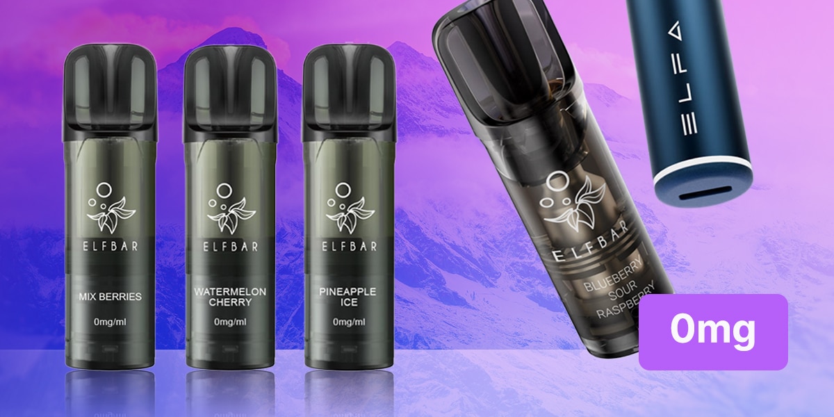 ELFBAR Pod-Vapes 0 mg nei gusti Frutti di bosco misti, Anguria, Ciliegia e Ghiaccio all'ananas su sfondo viola
