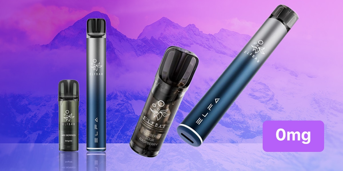 ELFA Pod Kit by Elf Bar in blue with Blueberry Sour Raspberry Pod, nicotine content 0 mg, against a purple background