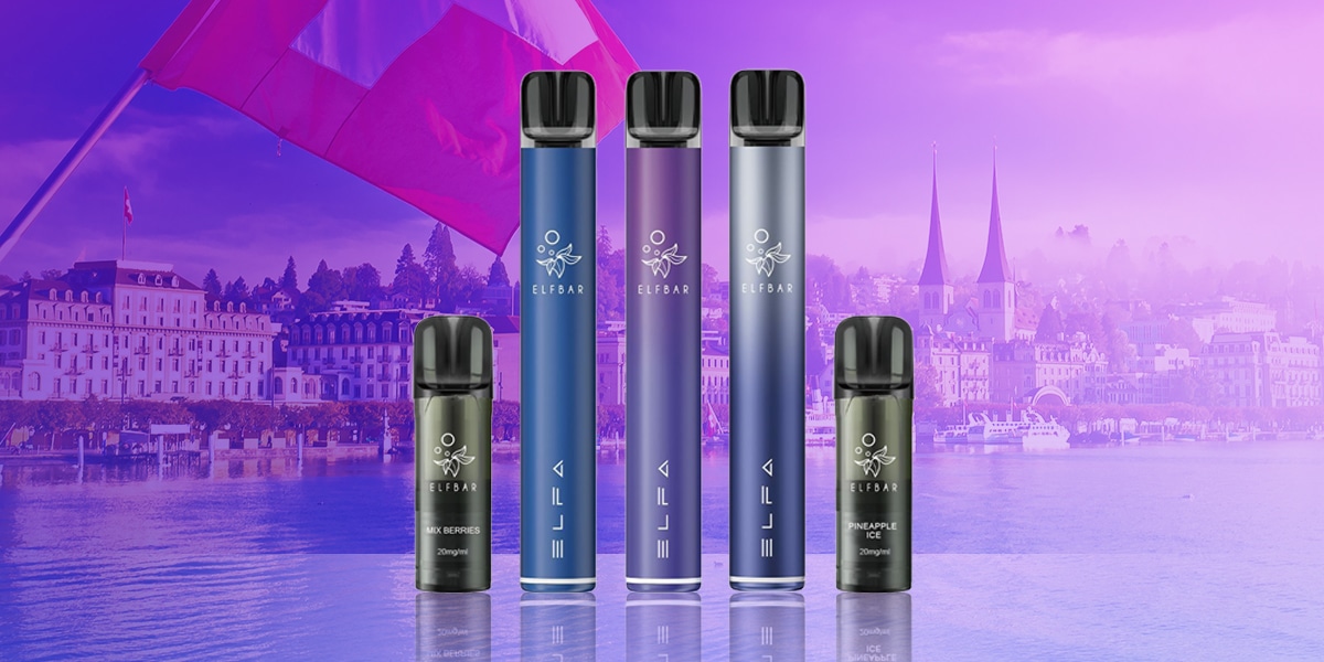 ELFBAR ELFA Pod Kit mit 3 Akkus und 2 Pods, Mix Berries und Pineapple Ice, 20 mg, vor violettem Stadt- und Seehintergrund