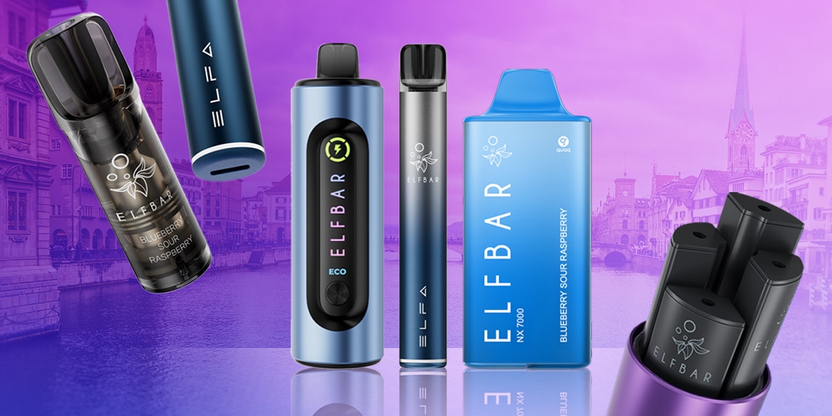 ELFBAR Vape al gusto di mirtillo e lampone aspro, 20 mg, nei colori blu e nero, con diversi dispositivi e pod su uno sfondo viola raffigurante una città.