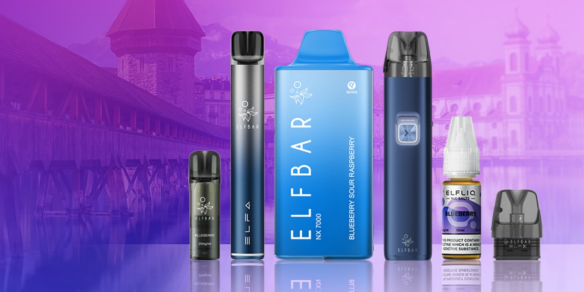 Assortiment de e-liquides ELFBAR saveur Myrtille Framboise Acidulée (20 mg de nicotine) sur fond violet, comprenant la cartouche et le e-liquide.
