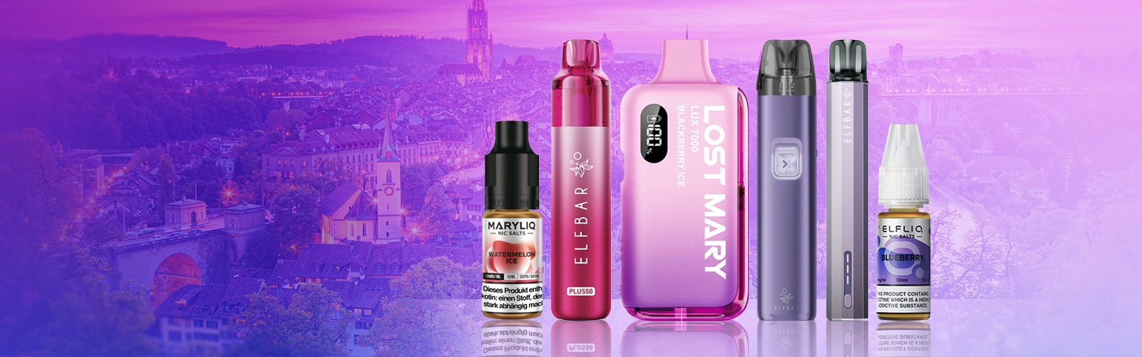 LOST MARY Flaconi di LUX 7000 Blackberry Ice, ELFBAR PLUS550, ELFA Pod e ELFliq Nic Salts, 20 mg su uno sfondo viola di città