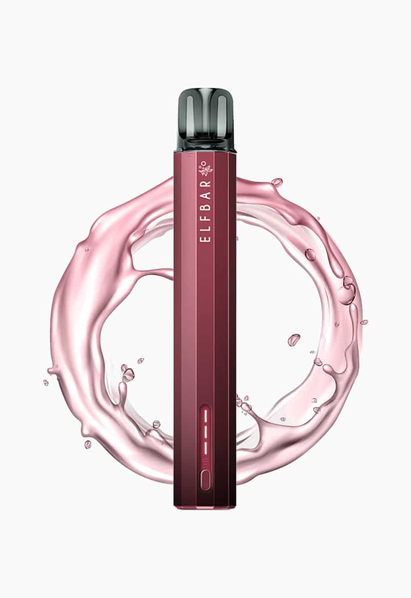 ELFBAR Einweg Vape in Pink mit 20 mg Nikotin, frontal freigestellt vor rosa Flüssigkeitssplash