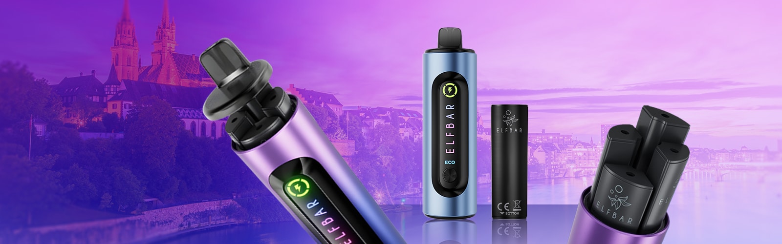 ELFBAR ECO Pod-System in blau/lila mit Ersatz-Pods, 20 mg, vor violettem Stadt-Hintergrund