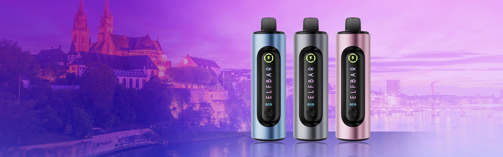 ELFBAR ECO Pod Vape 20 mg in Blau, Grau und Rosa vor violettem Stadt- und Flusspanorama