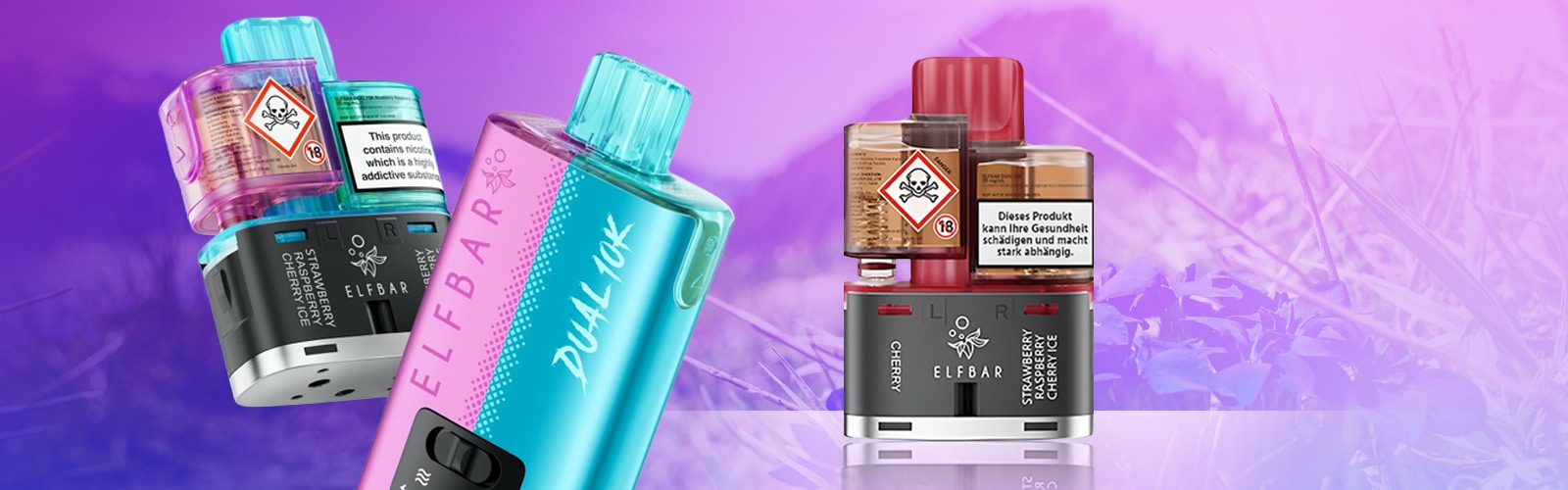 ELFBAR Dual Pod Vape 20 mg in Pink/Türkis und Schwarz-Rot, Geschmack Strawberry Raspberry Cherry Ice, auf violettem Hintergrund