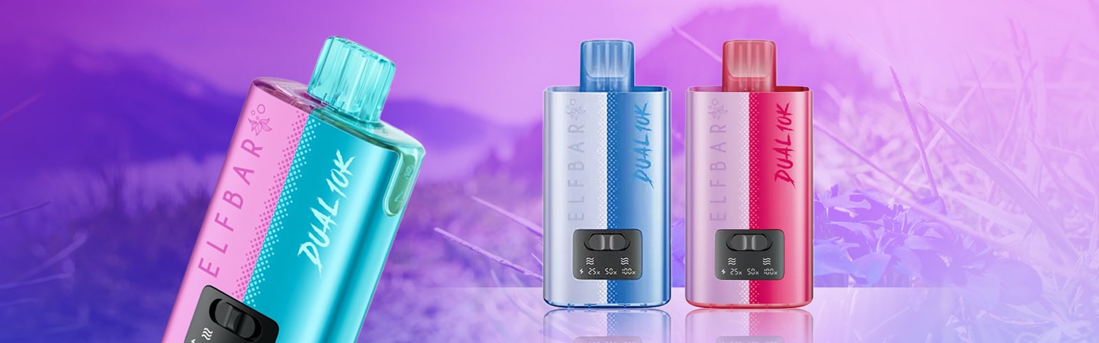 Elfbar Dual 10K Disposable Vape 20 mg in Pink, Blue and Turquoise with Display against Purple Background