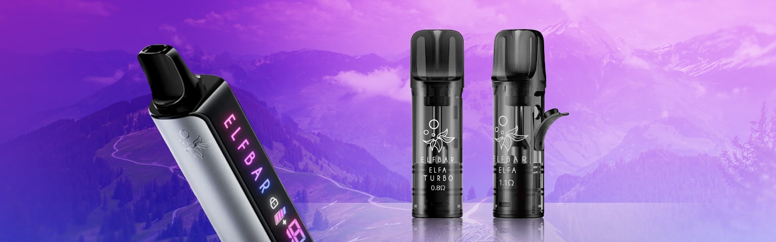 ELFBAR ELFA Turbo Pod in Schwarz, 20 mg, zwei Pods (0.8Ω und 1.1Ω) neben ELFA Gerät vor violettem Hintergrund