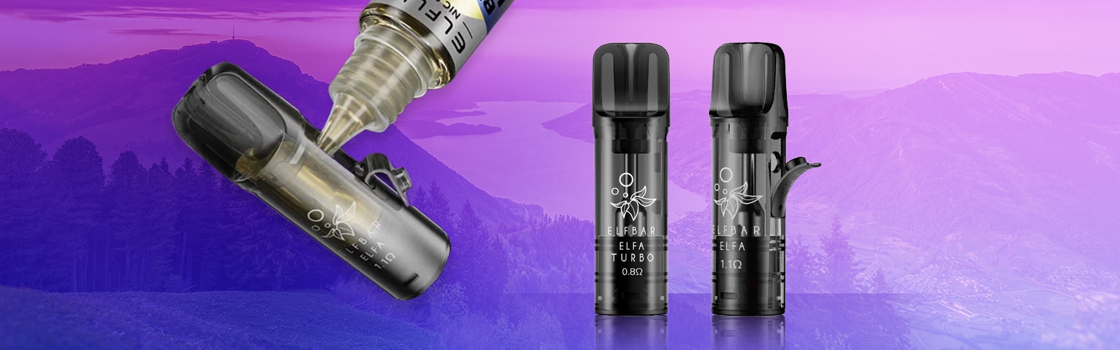 ELFBAR ELFA Turbo Pods in Schwarz, 0,8 Ohm und 1,1 Ohm, mit Nachfüllspitze vor lila Hintergrund