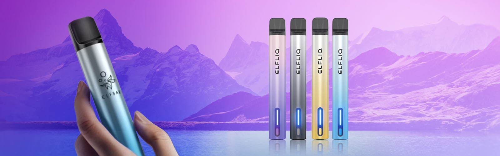 ELFBAR ELFLIQ Pod-System 20 mg in vier Farben, links in der Hand gehalten, vor violettem Berg- und Seehintergrund